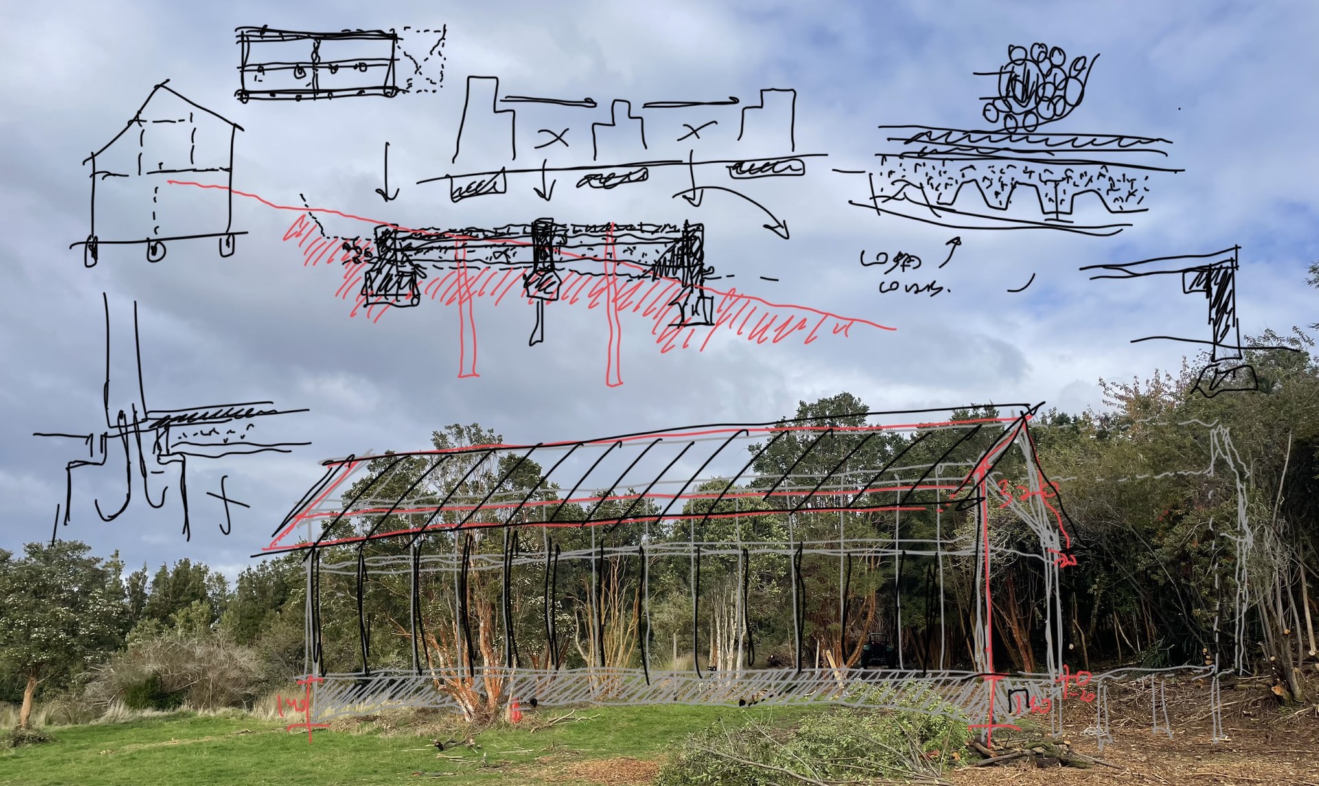 Levantamiento planimétrico del galpón original — planta dibujada a mano